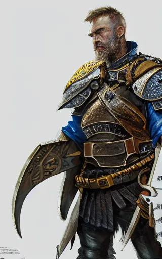 Image similar to highly detailed concept art of a rugged young knight with blonde hair and blue eyes and a short beard wearing a blue shirt over chain mail and steel pauldrons and a yellow cape and leather boots, concept art by Greg Rutkowski, realistic, masterpiece, ArtStation