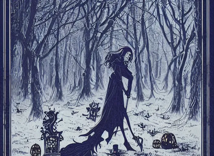 Prompt: blue woodcut print, sexy cartoon halloween witch in graveyard at midnight by greg rutkowski, fine details, highly detailed