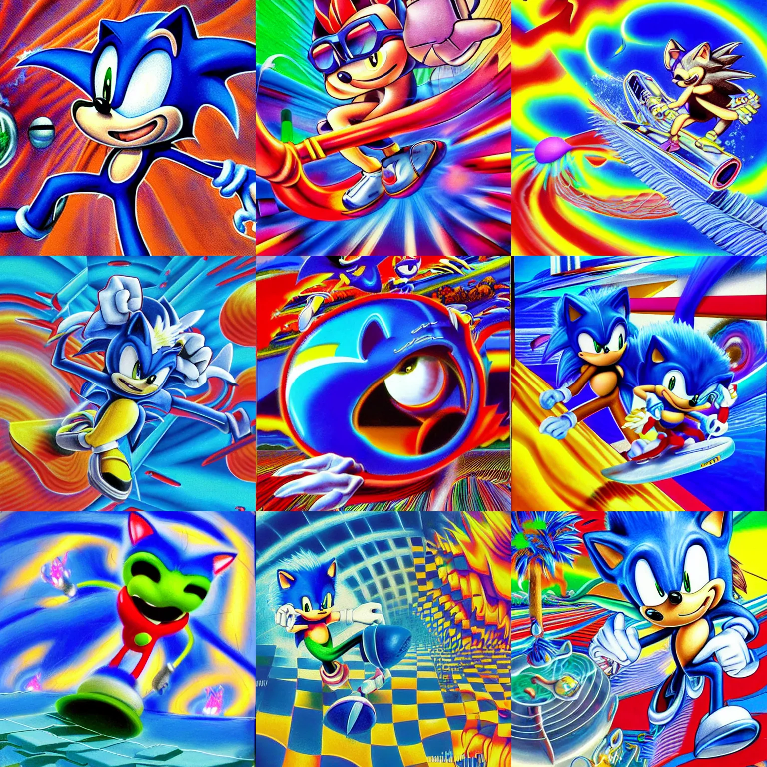 Prompt: surreal, sharp, detailed professional, soft pastels, high quality airbrush art of a liquid dissolving airbrush art lsd dmt sonic the hedgehog surfing through cyberspace, blue checkerboard background, 1 9 9 0 s 1 9 9 2 sega genesis rareware video game album cover