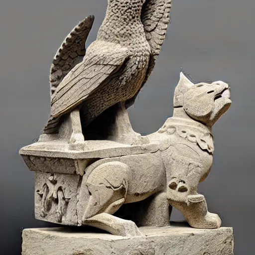 Image similar to a stone sculpture of a winged panther sitting on a pedestal with intricate carvings and fine detail