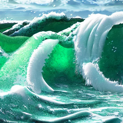 Image similar to A Huge Tidal Wave of clear green resin and foam, Kanagawa, photorealistic 8K HD octane render