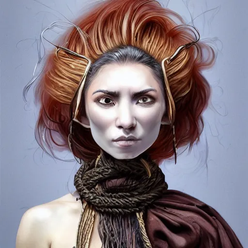 Image similar to portrait of a Shibari rope wrapped face and neck, headshot, insanely nice professional hair style, dramatic hair color, digital painting, of a old 17th century, old cyborg merchant, amber jewels, baroque, ornate clothing, scifi, realistic, hyperdetailed, chiaroscuro, concept art, art by Franz Hals and Jon Foster and Ayami Kojima and Amano and Karol Bak,