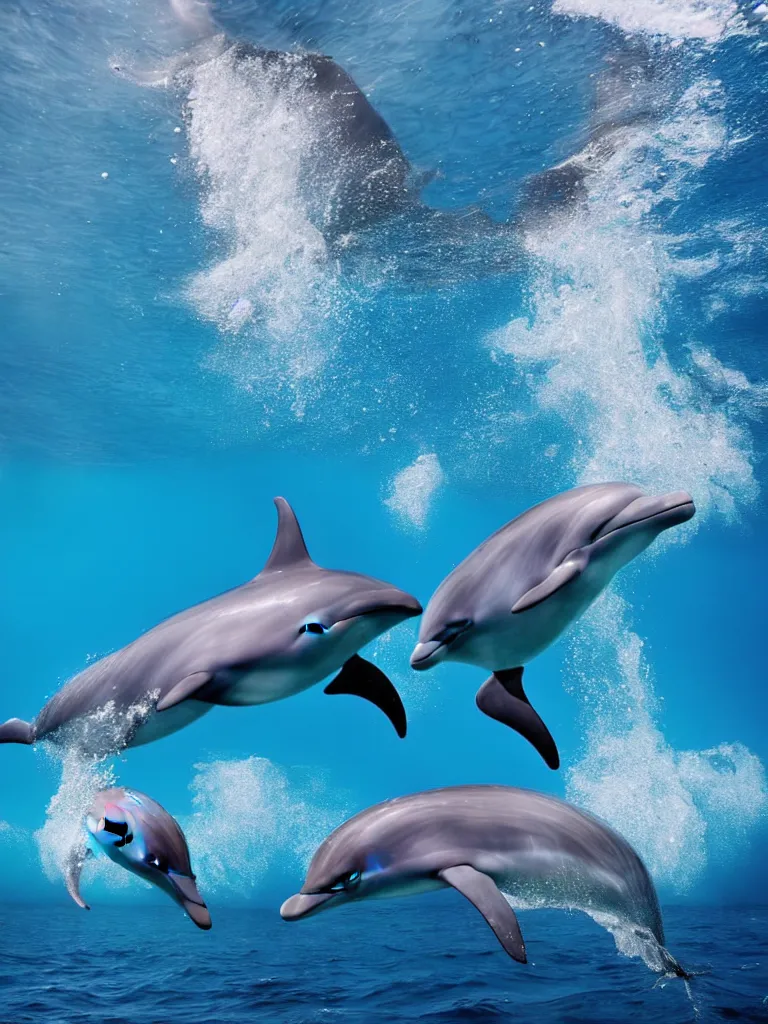 Prompt: a dolphin pod underwater, award-winning-photograph, beautiful daylight, crystal-clear-focus, sharp-lens, amazing photography