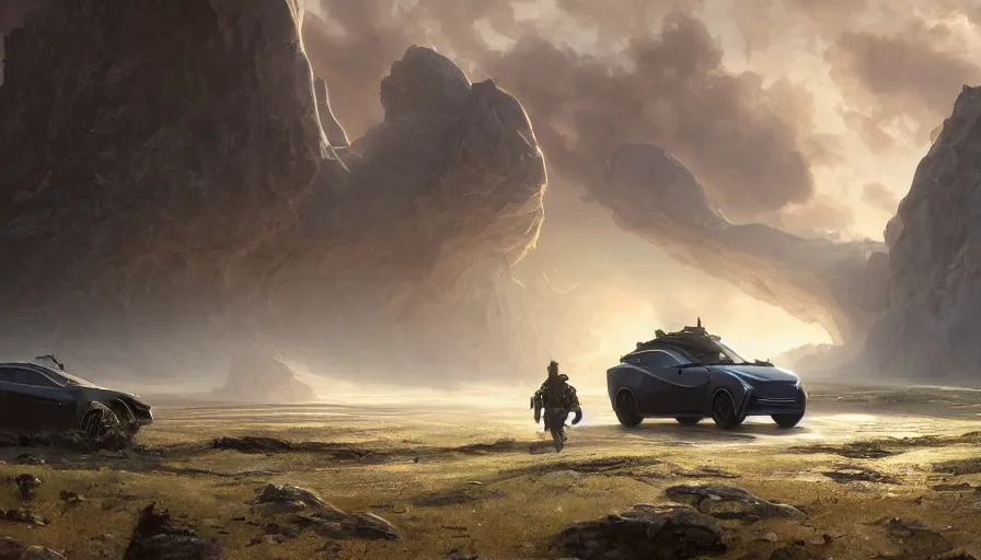 Image similar to a militarised electric suv designed by tesla driving through socotra island, artgerm and greg rutkowski and alphonse mucha, an epic fantasy, volumetric light, detailed, establishing shot, an epic fantasy, trending on art station, octane render, midsommar