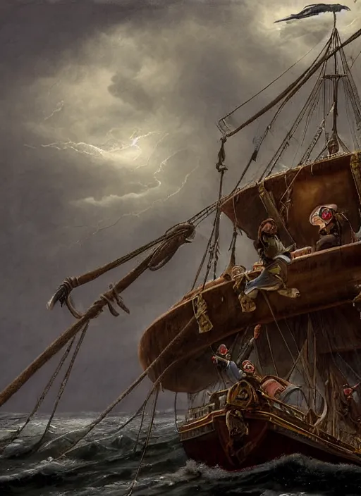 Image similar to mid shot portrait of a male pirate with two peglegs and two hook hands in foreground, fat obese pirate with beard, steering the rudder wheel of a wooden galleon tall ship of the line through a rain and lightning storm. view from on deck, sails masts rigging ropes pulleys, detailed dynamic light painting by peter mohrbacher