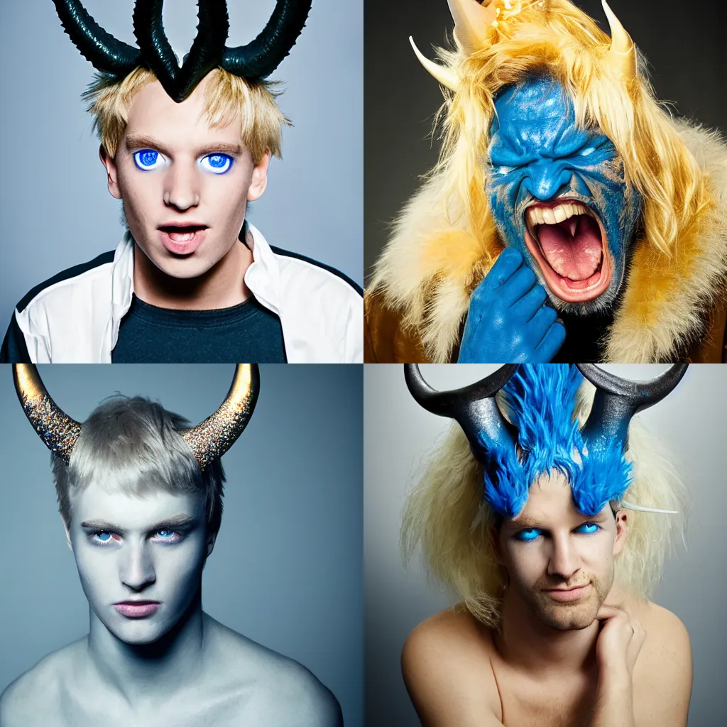 Prompt: a blond young man with luminescent glittering blue eyes and demon horns and a spiked tail. By Steven Belledin