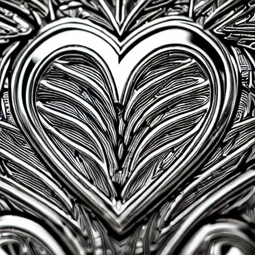 Image similar to a chrome carved heart, highly detailed, intricate artwork, graphic style of Patrick Gleason very coherent symmetrical artwork, depth of field, bokeh