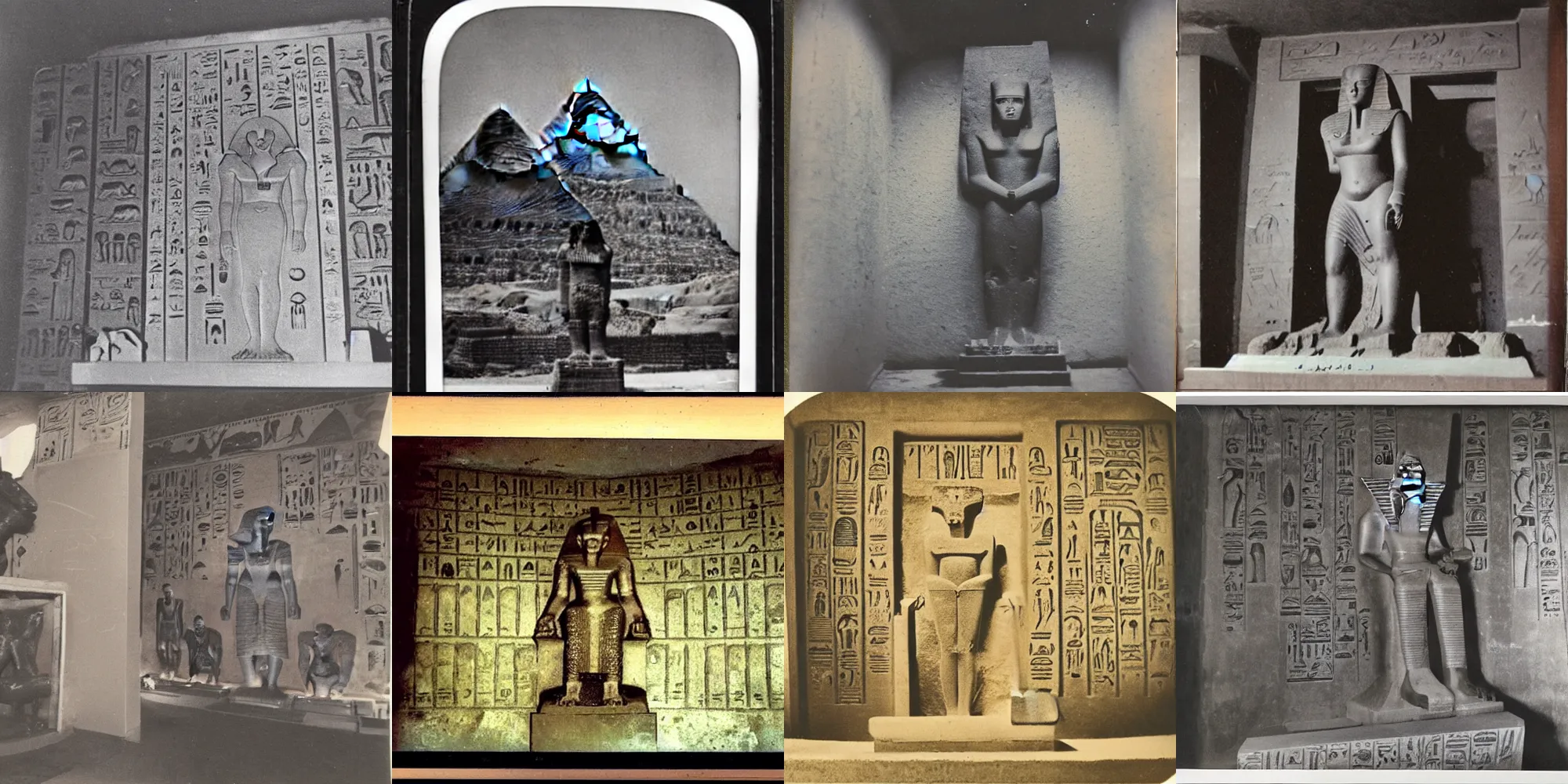 Prompt: old polaroid from 1 9 5 2 depicting an egyptian statue of godzilla, standing in a treasure chamber, hieroglyphs on wall