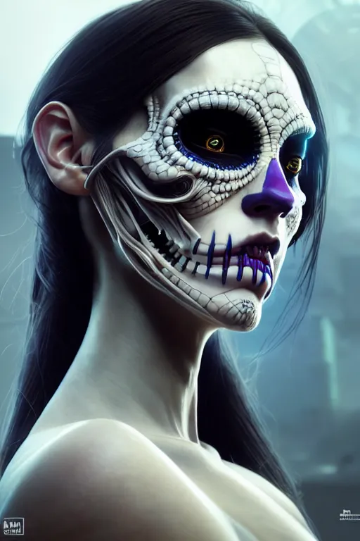 Image similar to ultra detailed side portrait of female android, sharp focus, sci - fi, fantasy art, digital illustration, dia de los muertos. octane render, unreal engine, global illumination, intricate detailed. concept art. art by artgerm and wlop and giger and greg rutkowski and rossdraws and alphonse mucha, 8 k