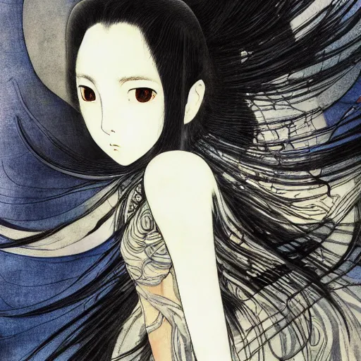 Prompt: yoshitaka amano blurred and dreamy realistic illustration of a japanese woman in anime style with black eyes, wavy white hair fluttering in the wind wearing elden ring armor with engraving, abstract patterns in the background, satoshi kon anime, noisy film grain effect, highly detailed, renaissance oil painting, weird portrait angle, blurred lost edges, three quarter view