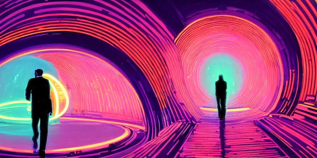 Image similar to a beautiful painting of a person walking out of a stargate by syd mead 8 k particulate neon light film grain