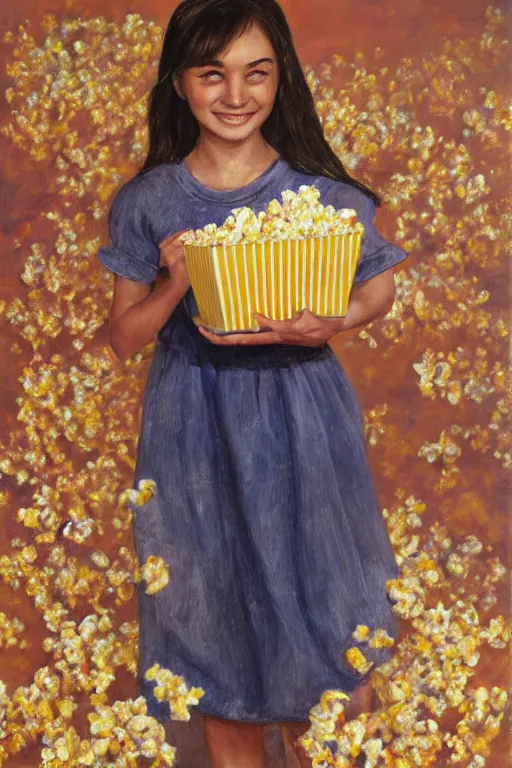 Prompt: portrait ancient of a happy girl, lots of flowers and popcorn around, hyperrealistic, hightech