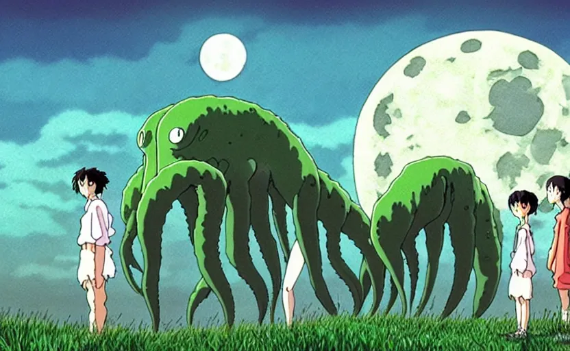 Image similar to a still from a studio ghibli movie of a cartoon cthulhu and friends from princess mononoke ( 1 9 9 7 ), in front of a pale full moon, full body, wide shot, very dull muted colors, studio ghibli, highly detailed, deviantart, art by artgem