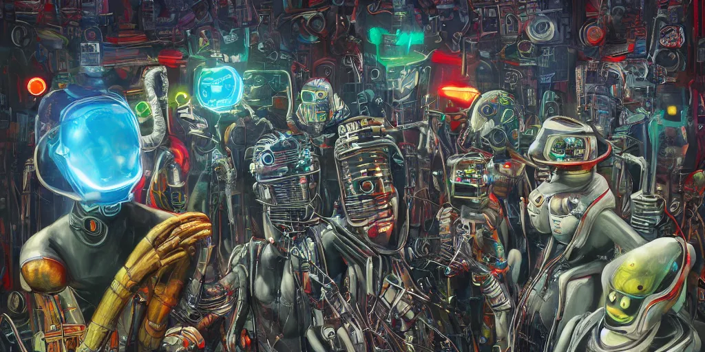 Image similar to subterranean homesick alien, radiohead robots fighting the karma police, paranoid android made of stereo components and speakers, highly stylized, ultra detailed oil painting in the style of frank miller, photorealistic illustration, octane render, 8 k resolution,