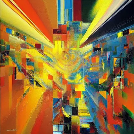 Image similar to abstract art representing momentum, oil painting by john berkey and gabriel dawe, masterwork