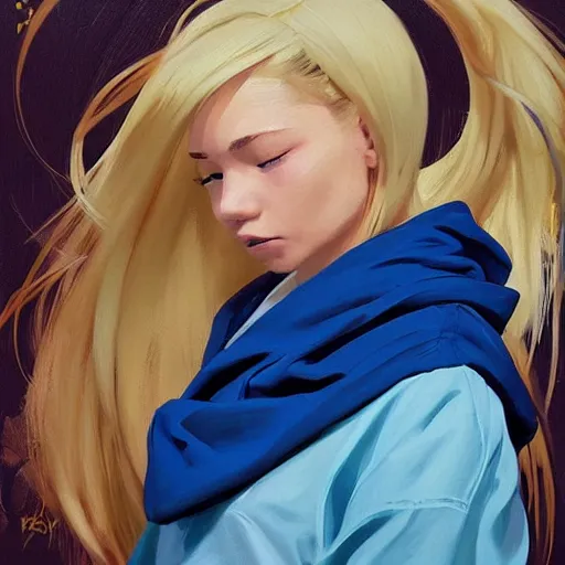 Image similar to greg manchess portrait sticker of a beautiful teen girl with blonde hair, wearing a blue hoodie, medium shot, asymmetrical, swedish, sticker, profile picture, organic painting, matte painting, bold shapes, hard edges, street art, trending on artstation, by huang guangjian and gil elvgren and sachin teng