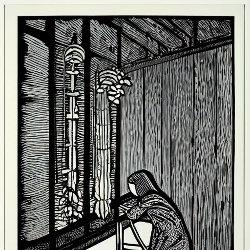 Prompt: a lonely girl in a liminal room, colored woodcut, poster art, by Mackintosh, art noveau, by Ernst Haeckel