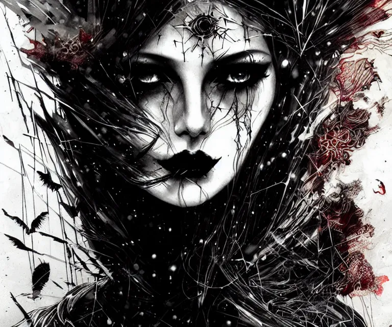 Image similar to stunning otherworldly gothic goddess of beauty, dark and mysterious, atmospheric, ominous, eerie, cinematic, epic, 8 k, 4 k, ultra detail, ultra realistic, rendered by awesomeness. nights falling wind is blowwing snow is pilling concept art in style of carne griffiths artwork by xsullo