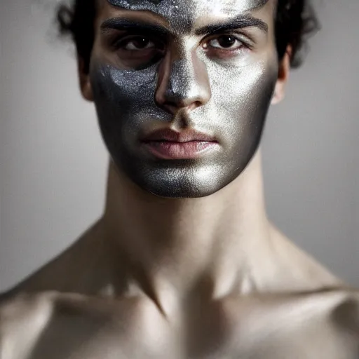 Image similar to a close up portrait of a beautiful athletic young persian male with his face covered in silver leaf , photographed by erwin olaf, artistic