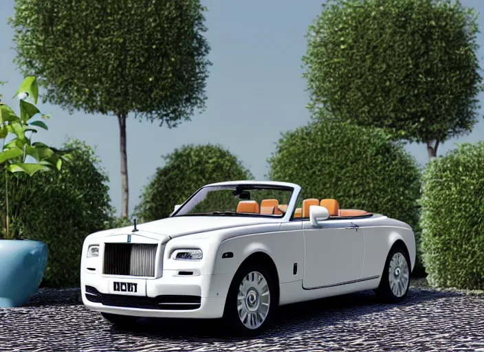 Prompt: a small miniature of a Rolls Royce Corniche Cabrio on a white table near a vase with a plant, 3d render, octane render, unreal engine 5, path tracing, serene landscape, calm, relaxing, beautiful landscape, highly detailed, high quality, 4k, symmetrical, low contrast