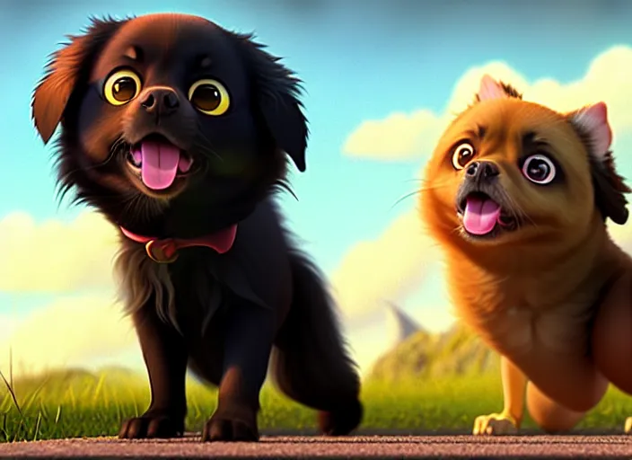 Prompt: a wholesome animation key shot of a black tibetan spaniel, jumping, studio ghibli, pixar and disney animation, sharp, rendered in unreal engine 5, anime key art by greg rutkowski, bloom, dramatic lighting