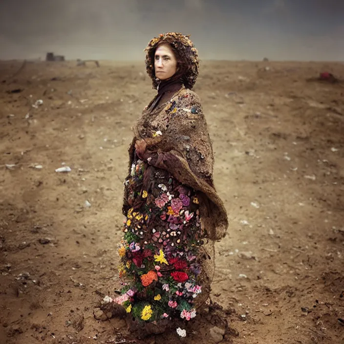 Prompt: portrait of a woman wearing a cloak made of coins and flowers, standing in an apocalyptic wasteland, burnt city, by Annie Leibovitz and Steve McCurry, natural light, detailed face, CANON Eos C300, ƒ1.8, 35mm, 8K, medium-format print