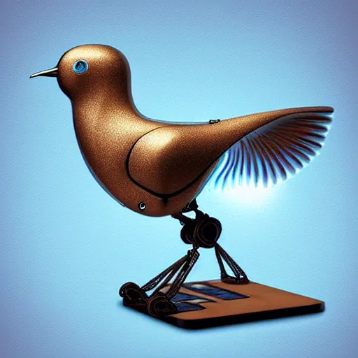 Image similar to beautiful artistic - wave highly detailed robotic bird, with head phones, by ben templesmith, dynamic lighting, gradient light blue, brown, blonde cream and white color scheme, grunge aesthetic
