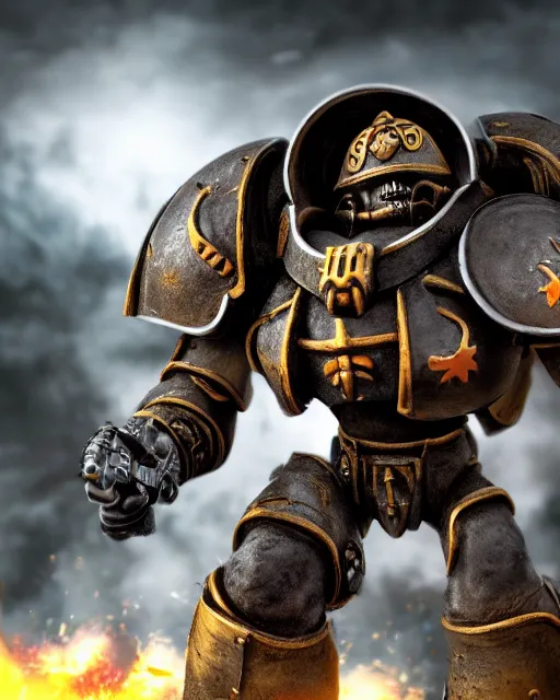 Image similar to suzanne the 3 d blender monkey blender 3 d wearing warhammer space marine armor dynamic pose menacing cinematic shot atmospheric greebled high detail 4 k