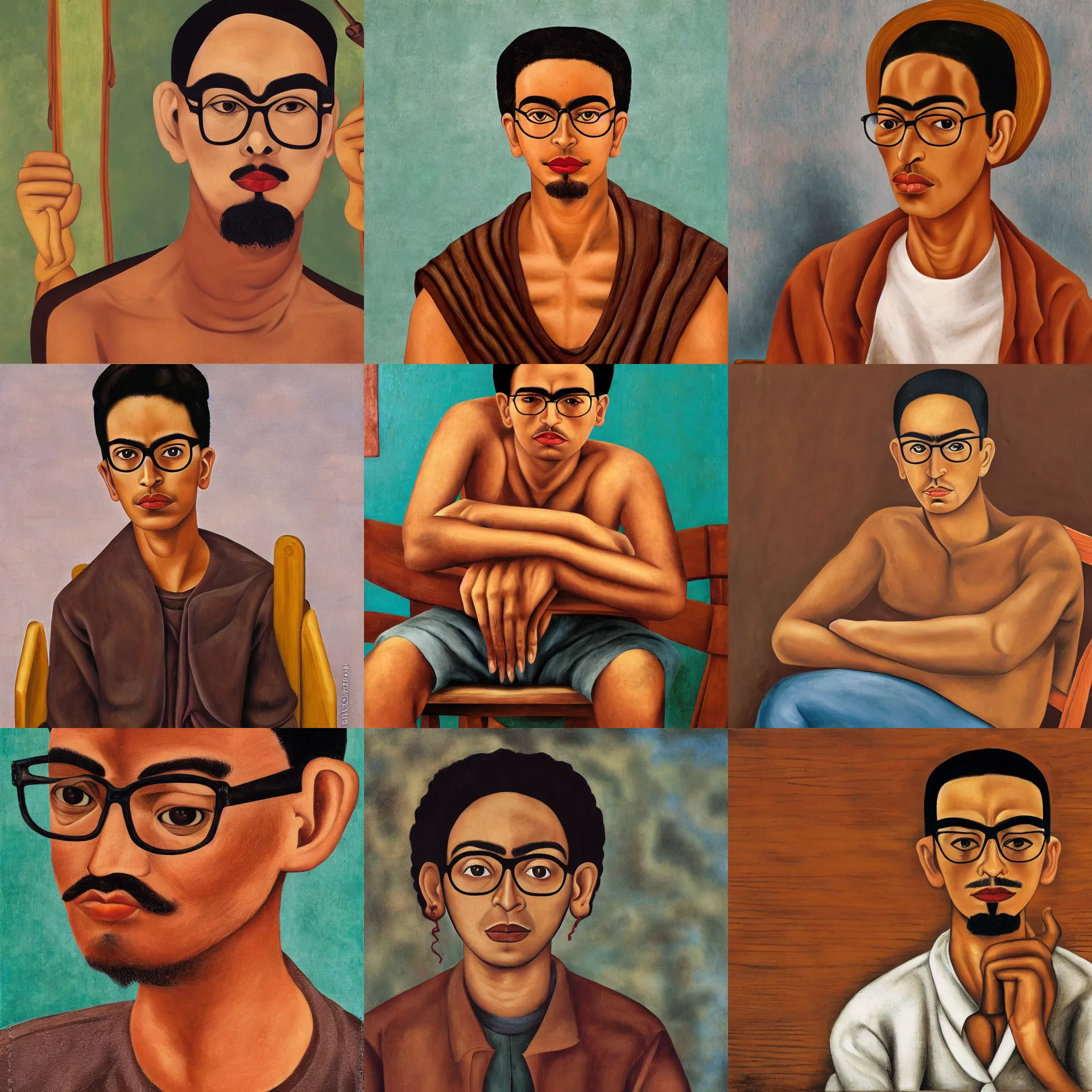 Prompt: 3 / 4 view portrait of a latino skinny young man, brown skin, wavy short hair, goatee, wearing glasses, straight nose, seated on wooden chair, close up, light brown background, painted by frida kahlo