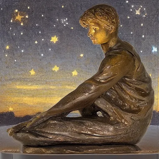 Image similar to A beautiful sculpture featuring a night sky filled with stars, and a small town in the distance. The sculpture is very peaceful and calming mac and cheese by Jules Bastien-Lepage ordered, desaturated