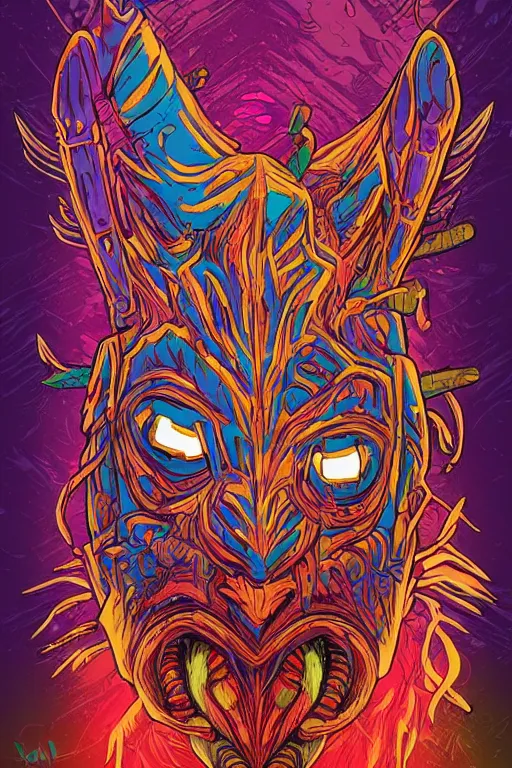 Image similar to totem animal tribal chaman vodoo mask feather gemstone plant wood rock video game illustration vivid color borderlands by josan gonzales and dan mumford radiating a glowing aura