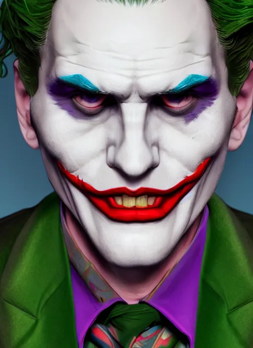 Image similar to impostor jerma as joker, hyper detailed, digital art, trending in artstation, cinematic lighting, studio quality, smooth render, unreal engine 5 rendered, octane rendered, art style by klimt and nixeu and ian sprigger and wlop and krenz cushart.