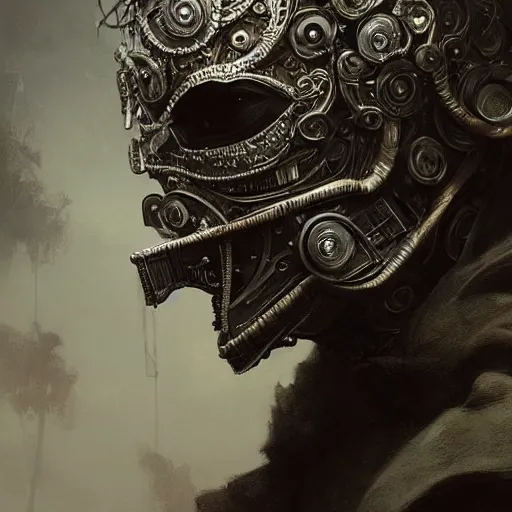 Image similar to Very very very very highly detailed epic photo of face with venetian mask, intricate, dystopian, sci-fi, extremely detailed, digital painting, artstation, concept art, smooth, sharp focus, illustration, intimidating lighting, incredible art by Greg Rutkowski and Jakub Rozalski and Artgerm and Anton Pieck