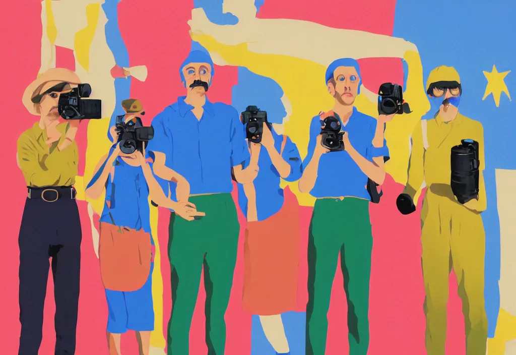 Image similar to full body portrait of a trio of european tourists with nikon cameras, character designs painting, in the style of wes anderson, rene magritte, lola dupre, david hockney, isolated on white background, dark monochrome neon spraypaint accents volumetric octane render