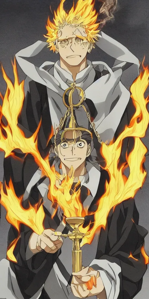 Image similar to powerful anime judge with a magic gavel on fire, in a court room with a justice scale on his desk, drawn by a famous anime artist, high quality, fine lines, amazing detail. colored, the justice tarot card