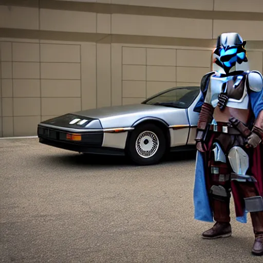 Image similar to the ( mandalorian ) standing next to a delorean