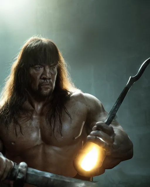 Image similar to closeup Photo of Conan the Barbarian in a torchlit dungeon, rim lighting, octane, Natasha Tan, Maciej Kuciara, Edgar Rice Burroughs,