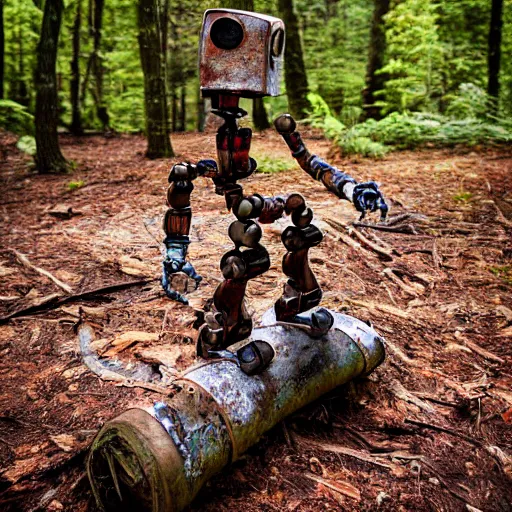 Image similar to rusty robot with a human arm, sitting on a stump in the forest, high quality photo, sigma 5 5 mm