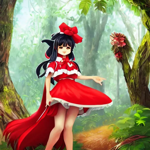 Image similar to a imaginefx artstation of reimu in the jungle wearing bonnet