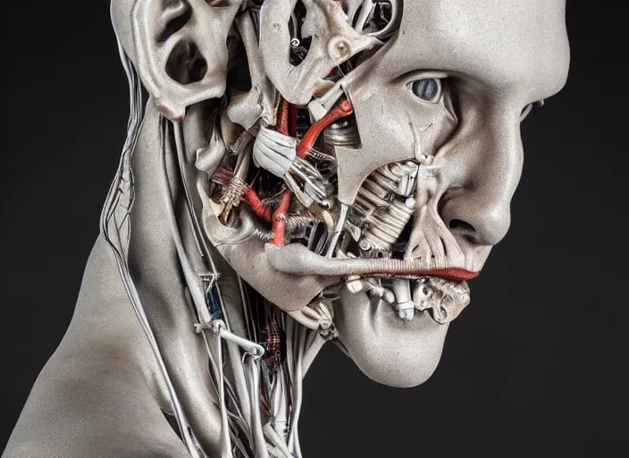 Image similar to a sculpture anatomical cyborg, bust , detailed face, studio lighting
