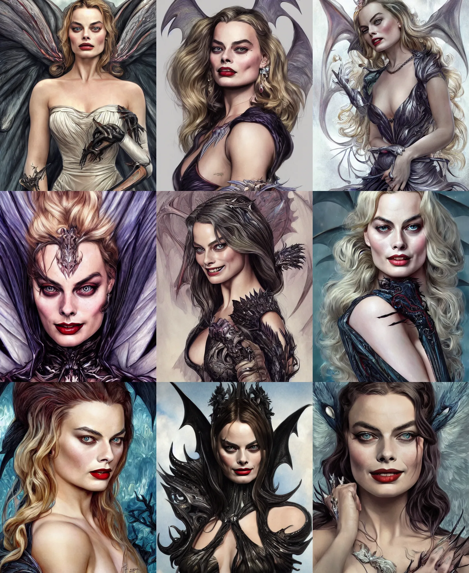 Prompt: Margot Robbie as a Vampire, Bat wings, cute, fantasy, intricate, elegant, highly detailed, digital painting, 4k, HDR, concept art, smooth, sharp focus, illustration, art by artgerm and H R Giger and alphonse mucha