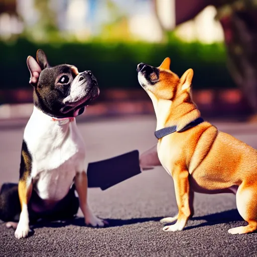 Image similar to a french bulldog giving a shiba inu in a suit a high five, photorealistic, nikon d 7 8 0, high definition, sharp focus, bokeh, smooth, highly detailed, espn sports photography