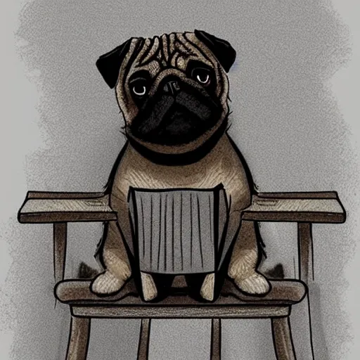 Prompt: illustration of a pug sitting on a chair with a table, reading the newspaper, there is a cup on the table in front of a fireplace, digital art, artstation trend