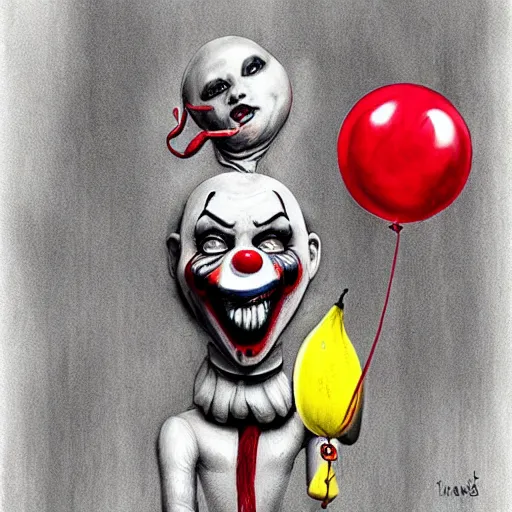 Prompt: surrealism grunge cartoon portrait sketch of a banana with a wide smile and a red balloon by - michael karcz, loony toons style, pennywise style, horror theme, detailed, elegant, intricate