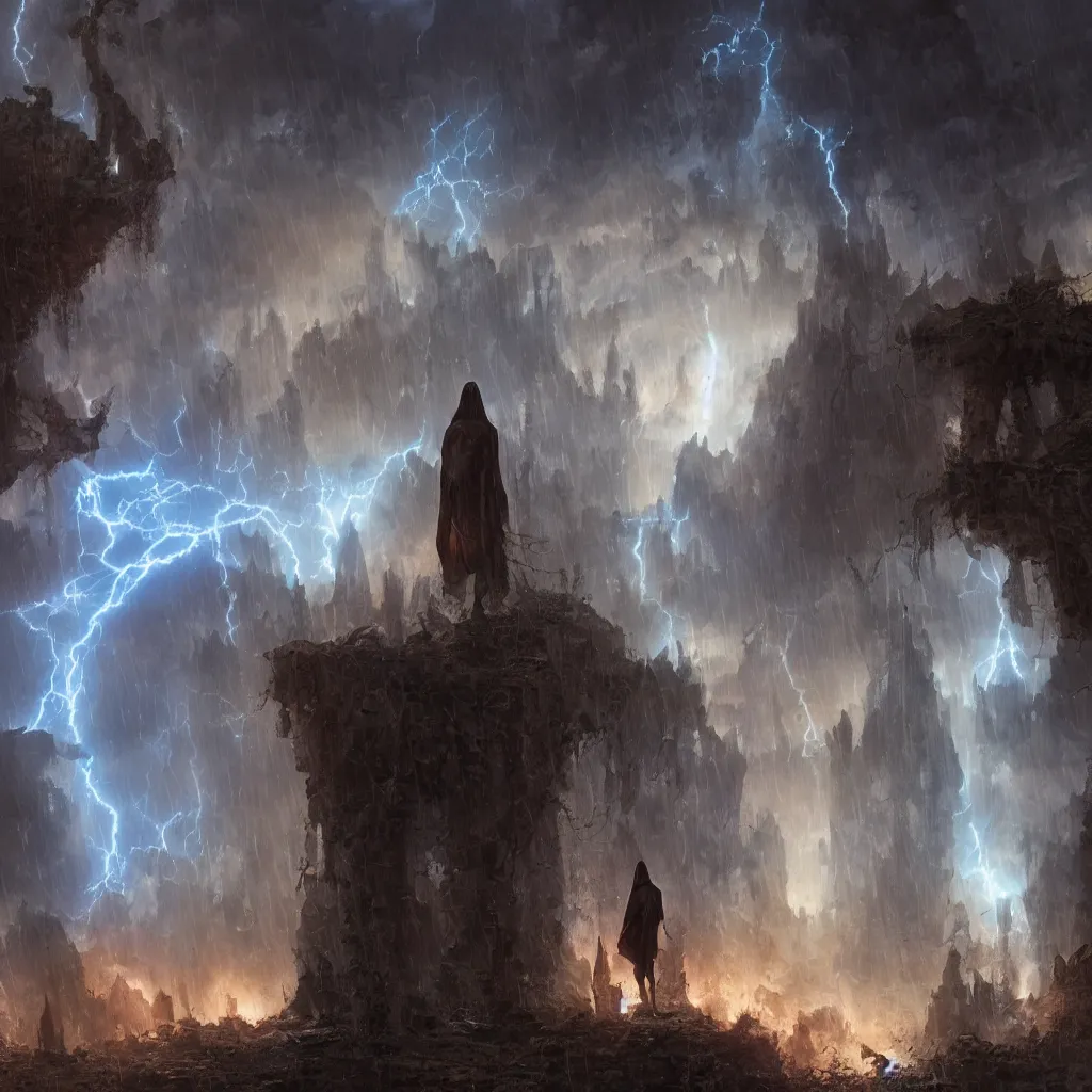 Prompt: a still of a cloaked figure standing in the ruins of crux prime, bree, lantern - lit town, there is lightning, blue fiery maelstrom in the distance, it is raining, digital art, artstationhq