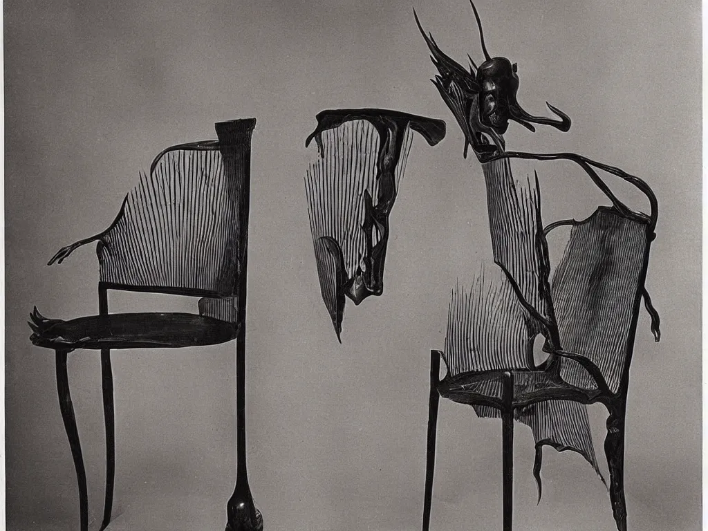 Image similar to flaming gothic chair with home of the wasp. karl blossfeldt, salvador dali