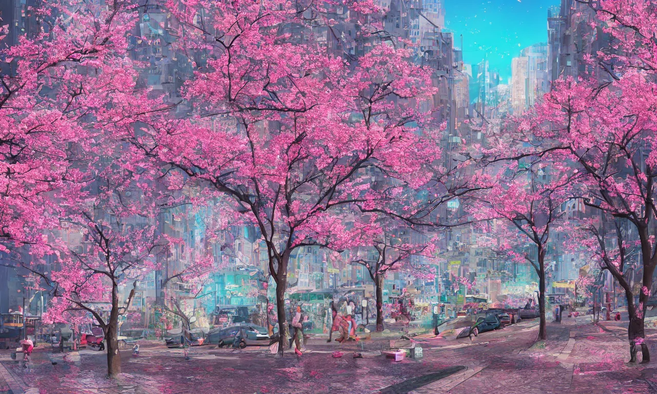 Prompt: twiddle a plopple, cherry blossom, busy cityscape, digital art, 3 d illustration