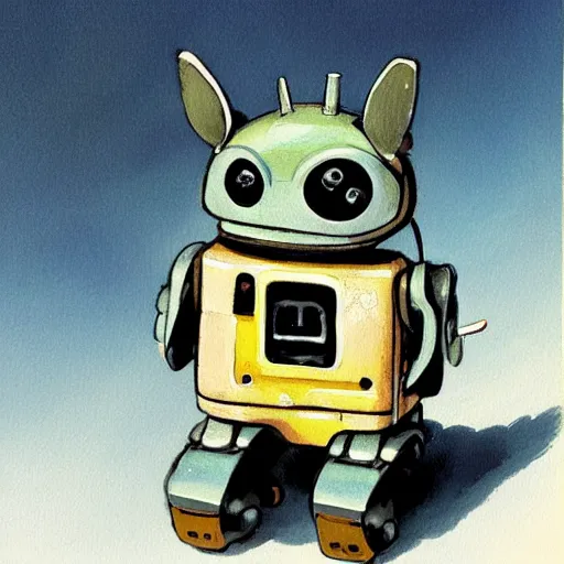 Prompt: painting of a small animal robot, gouache, james gurney, ghibli, miyazaki, manga, illustration, cute, toy, product design