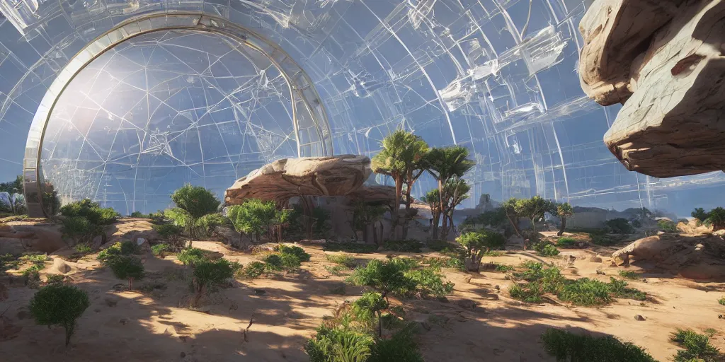 arcology oasis in transparent dome in desert. unreal | Stable Diffusion ...