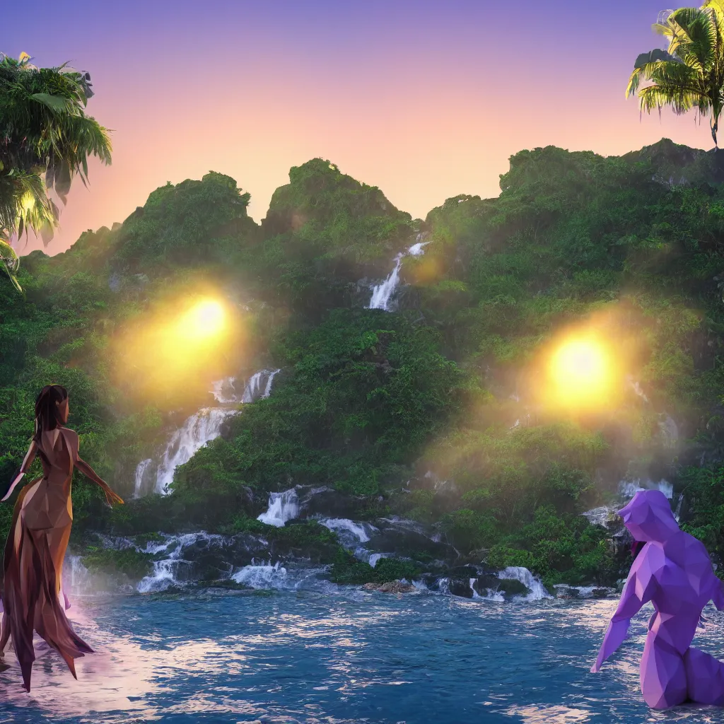 Image similar to a low-poly render of a big purple hand holding the orange setting sun on the ocean horizon. a green tinted transparent beckoning lady in front of a waterfall. a cream colored abandoned building featuring two statues and pitch black periphery. a prehistoric jungle scene with a mountain in the background.